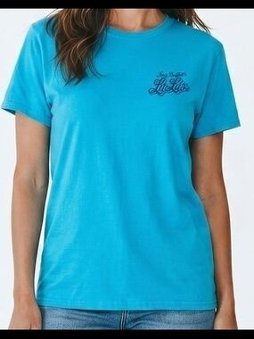 Lucy Buffett's Lulu's Blue Graphic Tee Logo Back Sunset Scene Jeep Medium Cotton